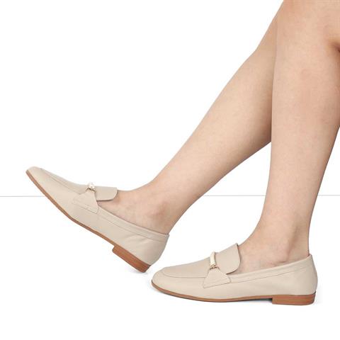 Kadın Bej Tokalı Deri Loafer