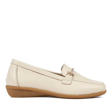 Kadın Bej Tokalı Deri Loafer