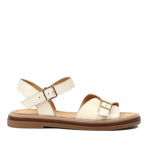 Kadın Bej Tokalı Deri Sandalet