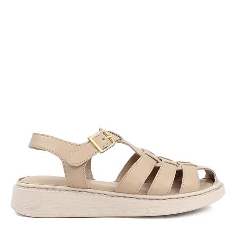 Kadın Bej Tokalı Gladyatör Deri Sandalet