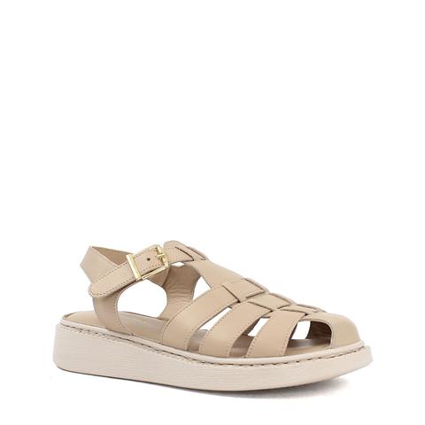 Kadın Bej Tokalı Gladyatör Deri Sandalet