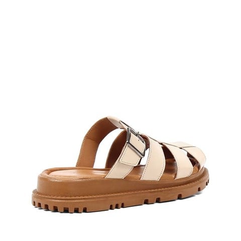 Kadın Bej Tokalı Gladyatör Deri Terlik