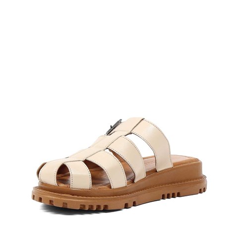 Kadın Bej Tokalı Gladyatör Deri Terlik