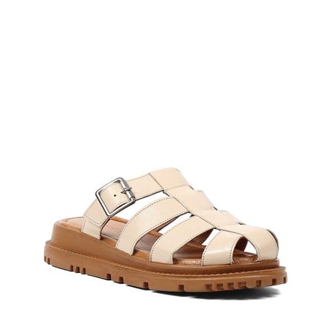 Kadın Bej Tokalı Gladyatör Deri Terlik