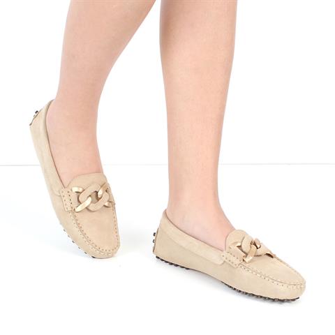 Kadın Bej Tokalı Süet Deri Babet