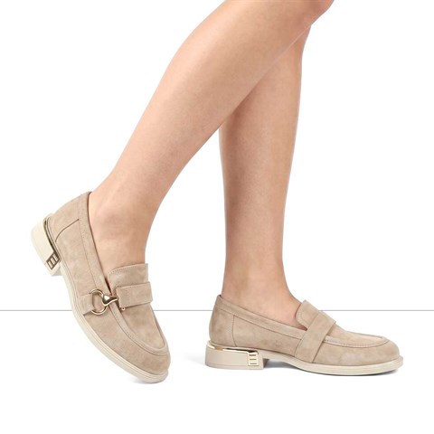 Kadın Bej Tokalı Süet Deri Loafer