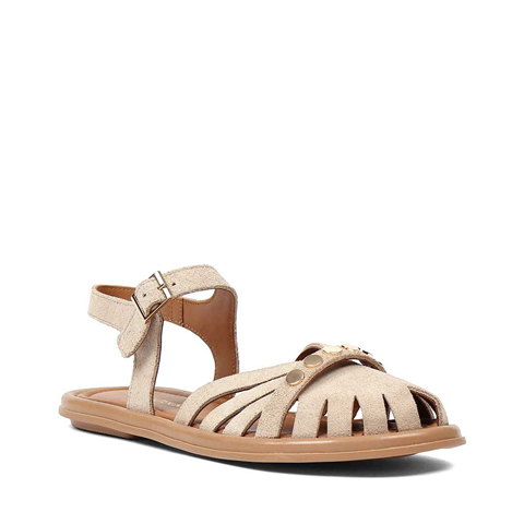 Kadın Bej Tokalı Süet Deri Sandalet