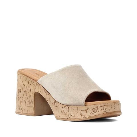 Kadın Bej Yüksek Kalın Topuklu Süet Deri Terlik