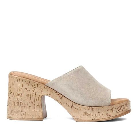 Kadın Bej Yüksek Kalın Topuklu Süet Deri Terlik