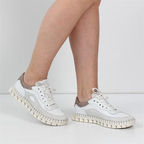 Kadın Beyaz Bağcıklı Dikiş Detaylı Deri Sneaker