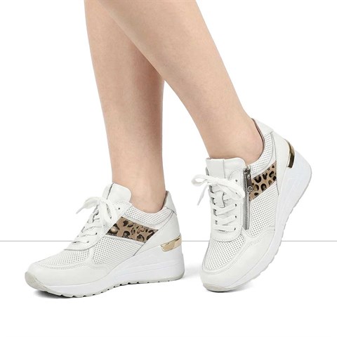 Kadın Beyaz Bağcıklı Dolgu Topuklu Deri Sneaker