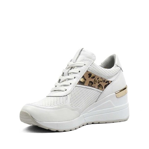 Kadın Beyaz Bağcıklı Dolgu Topuklu Deri Sneaker