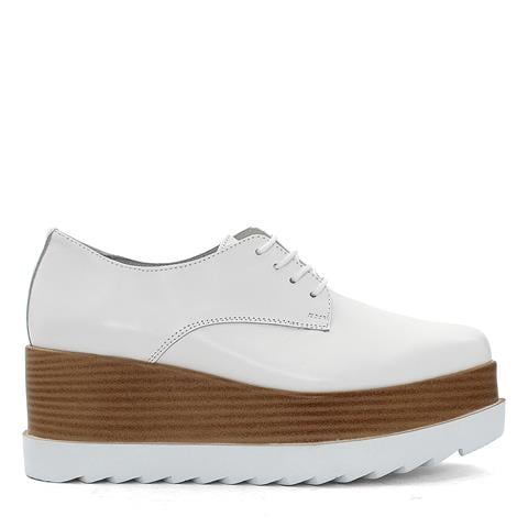 Kadın Beyaz Bağcıklı Dolgu Topuklu Deri Ayakkabı