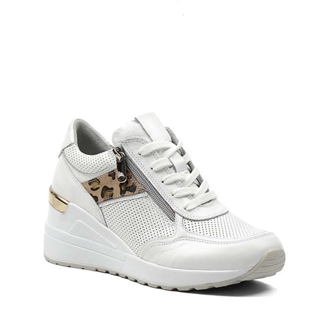 Kadın Beyaz Bağcıklı Dolgu Topuklu Deri Sneaker