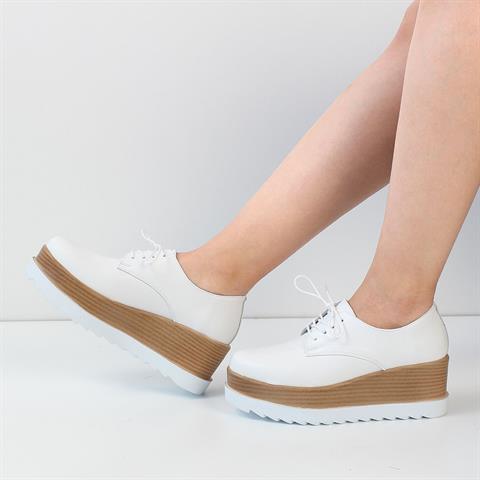 Kadın Beyaz Bağcıklı Dolgu Topuklu Deri Ayakkabı