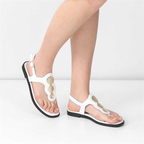 Kadın Beyaz Bilekten Bantlı Parmak Arası Deri Sandalet