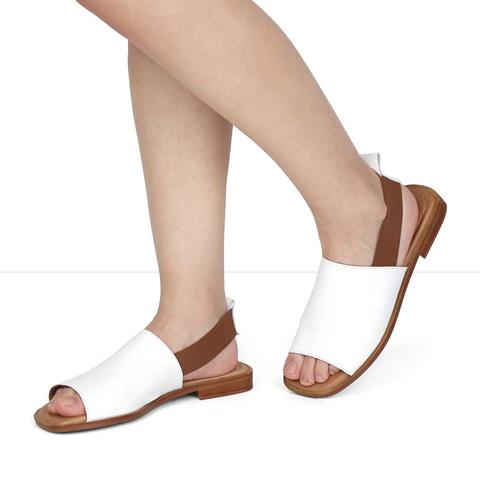 Kadın Beyaz Bilekten Lastikli Deri Sandalet
