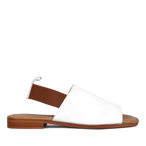 Kadın Beyaz Bilekten Lastikli Deri Sandalet