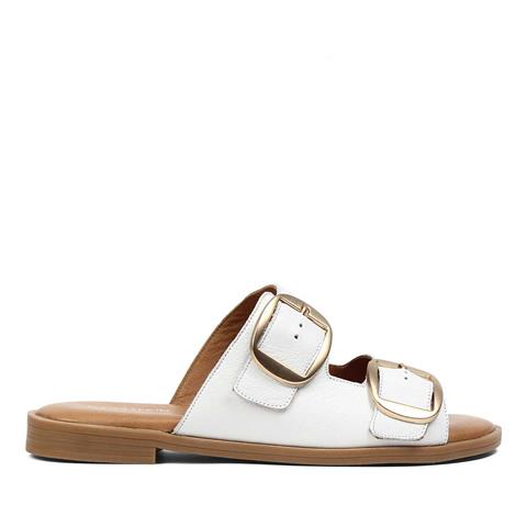 Kadın Beyaz Çift Tokalı Deri Terlik