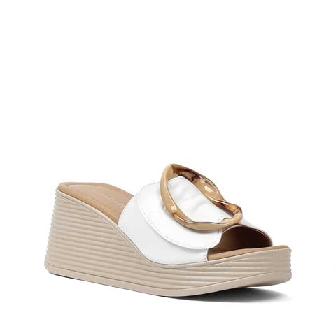 Kadın Beyaz Dolgu Topuklu Deri Terlik