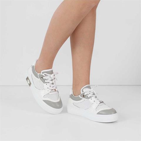 Kadın Beyaz Gri Bağcıklı Kalın Tabanlı Deri Sneaker