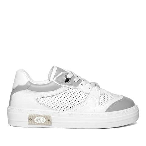 Kadın Beyaz Gri Bağcıklı Kalın Tabanlı Deri Sneaker