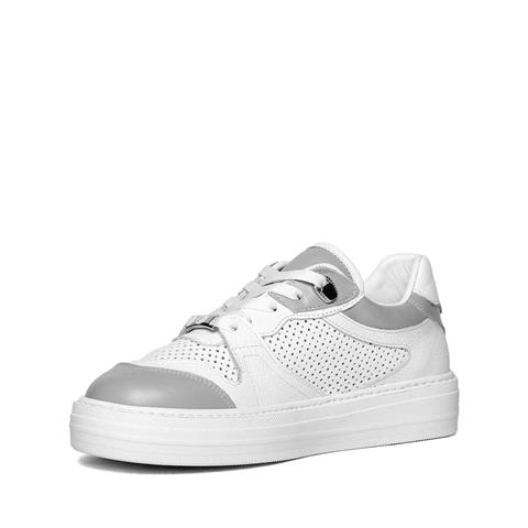 Kadın Beyaz Gri Bağcıklı Kalın Tabanlı Deri Sneaker