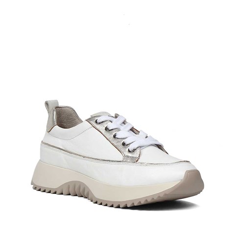 Kadın Beyaz Gümüş Kalın Tabanlı Deri Sneaker