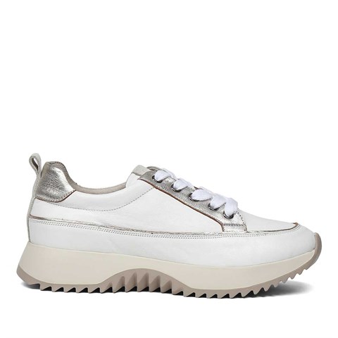 Kadın Beyaz Gümüş Kalın Tabanlı Deri Sneaker