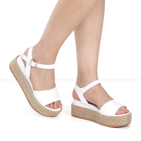 Kadın Beyaz Hasır Tabanlı Deri Sandalet