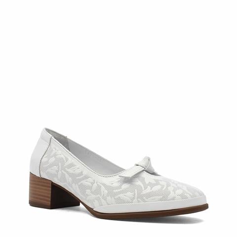 Kadın Beyaz Kalın Topuklu Deri Klasik Ayakkabı