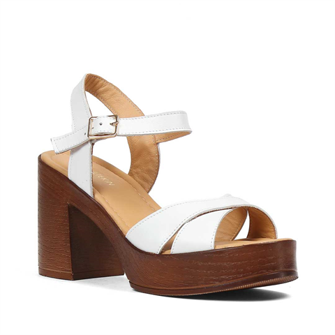 Kadın Beyaz Kalın Topuklu Deri Sandalet