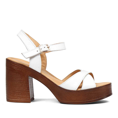 Kadın Beyaz Kalın Topuklu Deri Sandalet