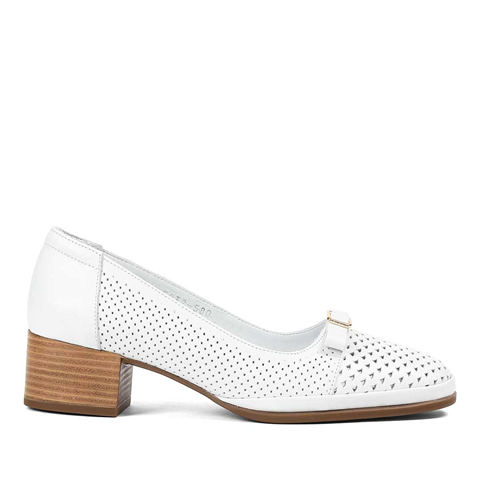 Kadın Beyaz Kısa Kalın Topuklu Deri Ayakkabı