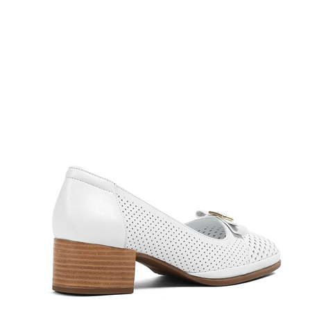 Kadın Beyaz Kısa Kalın Topuklu Deri Ayakkabı