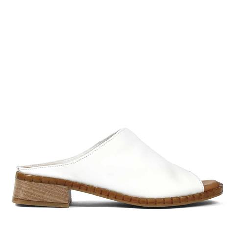 Kadın Beyaz Önü Açık Topuklu Deri Terlik