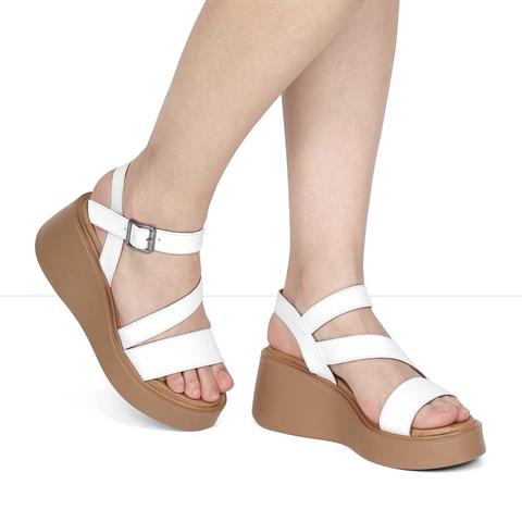 Kadın Beyaz Platform Topuklu Deri Sandalet
