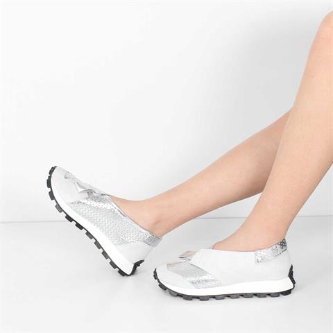 Kadın Beyaz Süet Gümüş Deri Sneaker