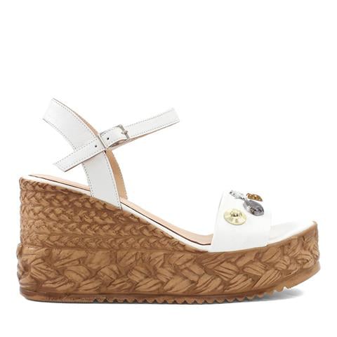 Kadın Beyaz Tokalı Dolgu Topuklu Deri Sandalet