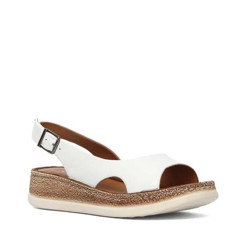 Kadın Beyaz Tokalı Dolgu Topuklu Deri Sandalet