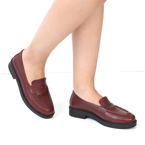 Kadın Bordo Deri Loafer
