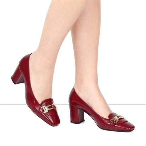 Kadın Bordo Kalın Topuklu Rugan Deri Klasik Ayakkabı