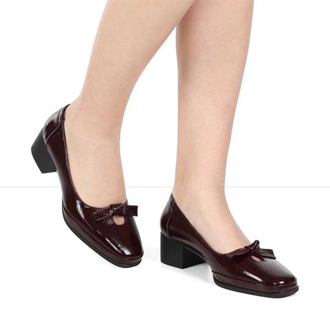 Kadın Bordo Kalın Topuklu Rugan Deri Klasik Ayakkabı