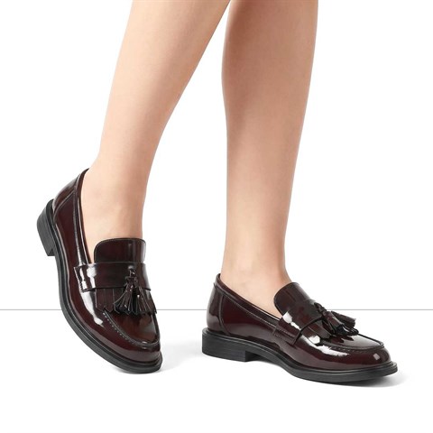 Kadın Bordo Püsküllü Açma Deri Loafer