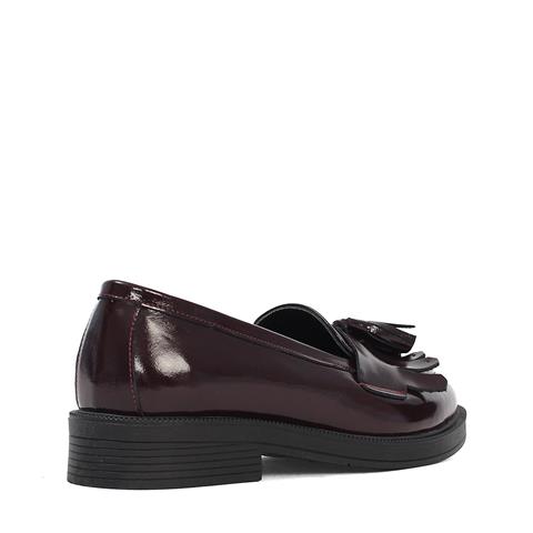Kadın Bordo Püsküllü Rugan Deri Loafer