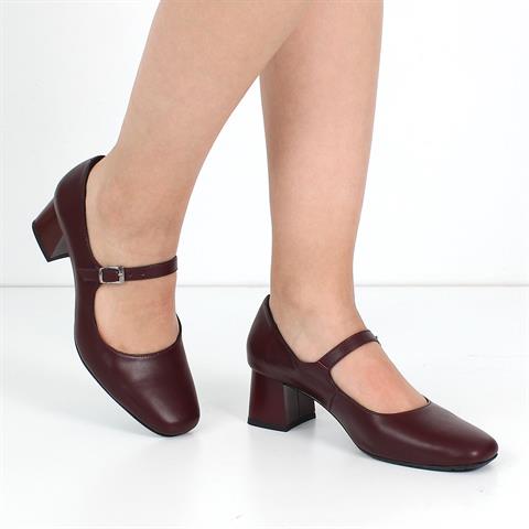 Kadın Bordo Tokalı Kalın Topuklu Deri Klasik Ayakkabı