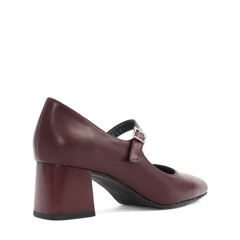 Kadın Bordo Tokalı Kalın Topuklu Deri Klasik Ayakkabı
