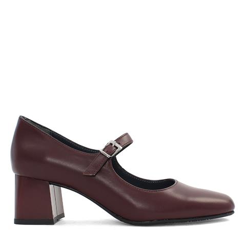 Kadın Bordo Tokalı Kalın Topuklu Deri Klasik Ayakkabı