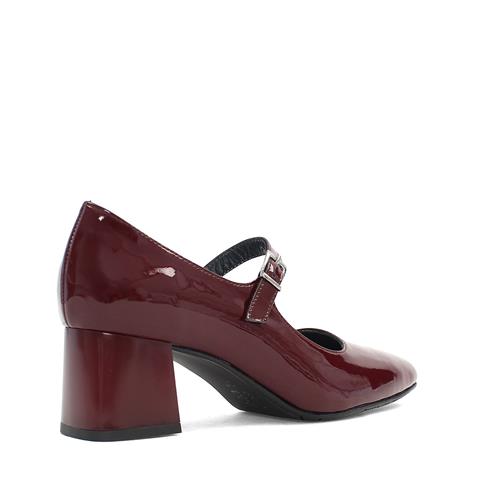 Kadın Bordo Tokalı Kalın Topuklu Rugan Deri Klasik Ayakkabı
