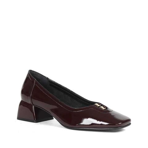 Kadın Bordo Tokalı Kalın Topuklu Rugan Deri Klasik Ayakkabı